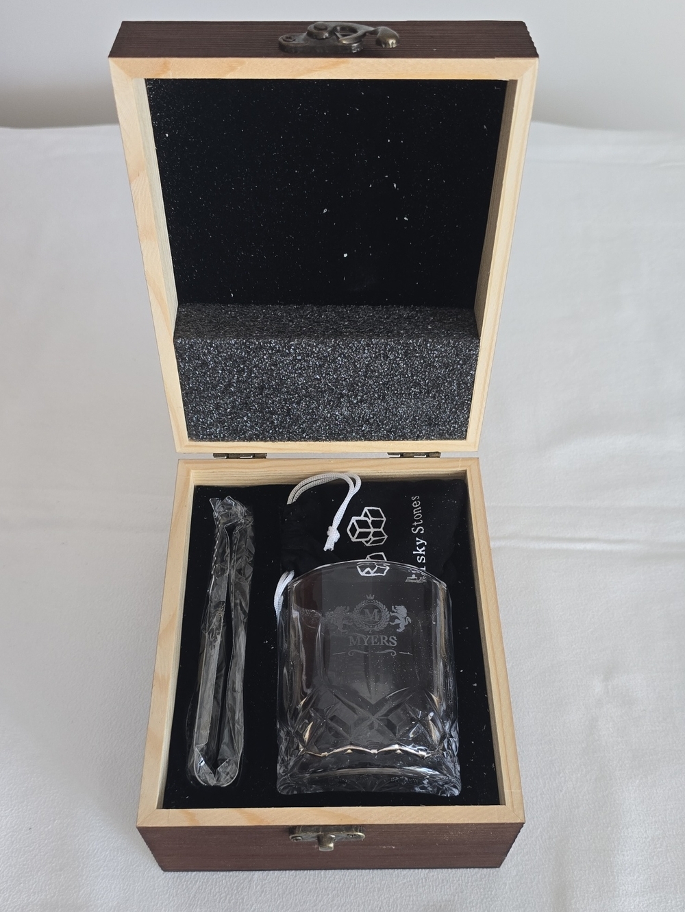 Branded Clear Whiskey Glass Gift Set with Wood Box. New